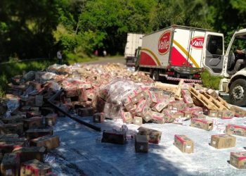 Uma carreta carregada com caixas de leite perde parte da carga em rodovia em SC