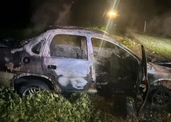 Motorista fica ferido ao colidir carro contra poste e veículo pegar fogo na SC-305