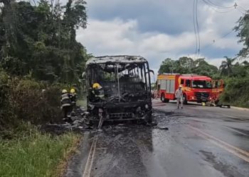 Incêndio consome ônibus na SC-150 em Ouro