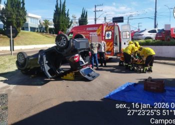 Colisão entre dois veículos seguida de capotamento na BR-282, em Campos Novos